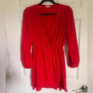 Elegant Faux Wrap Red Long Sleeve Dress